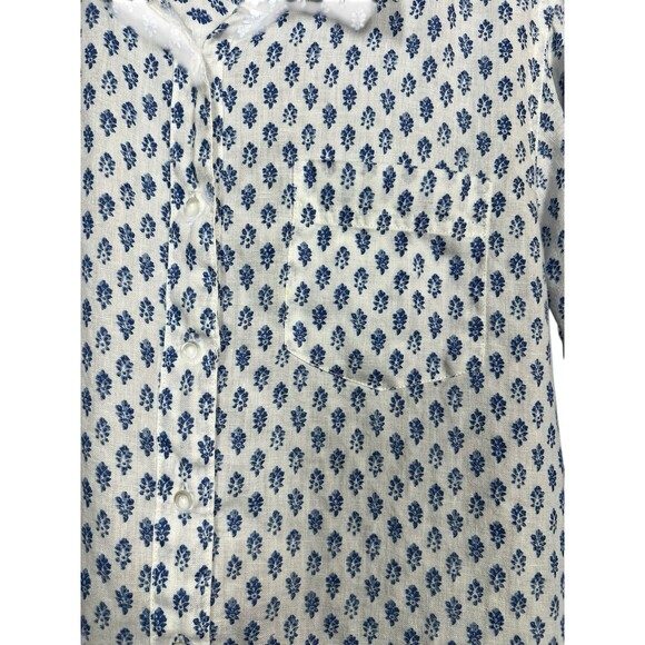 LL Bean Button Up Shirt Womens Medium White Blue Flowers Long Sleeve 100% Linen - Picture 5 of 16
